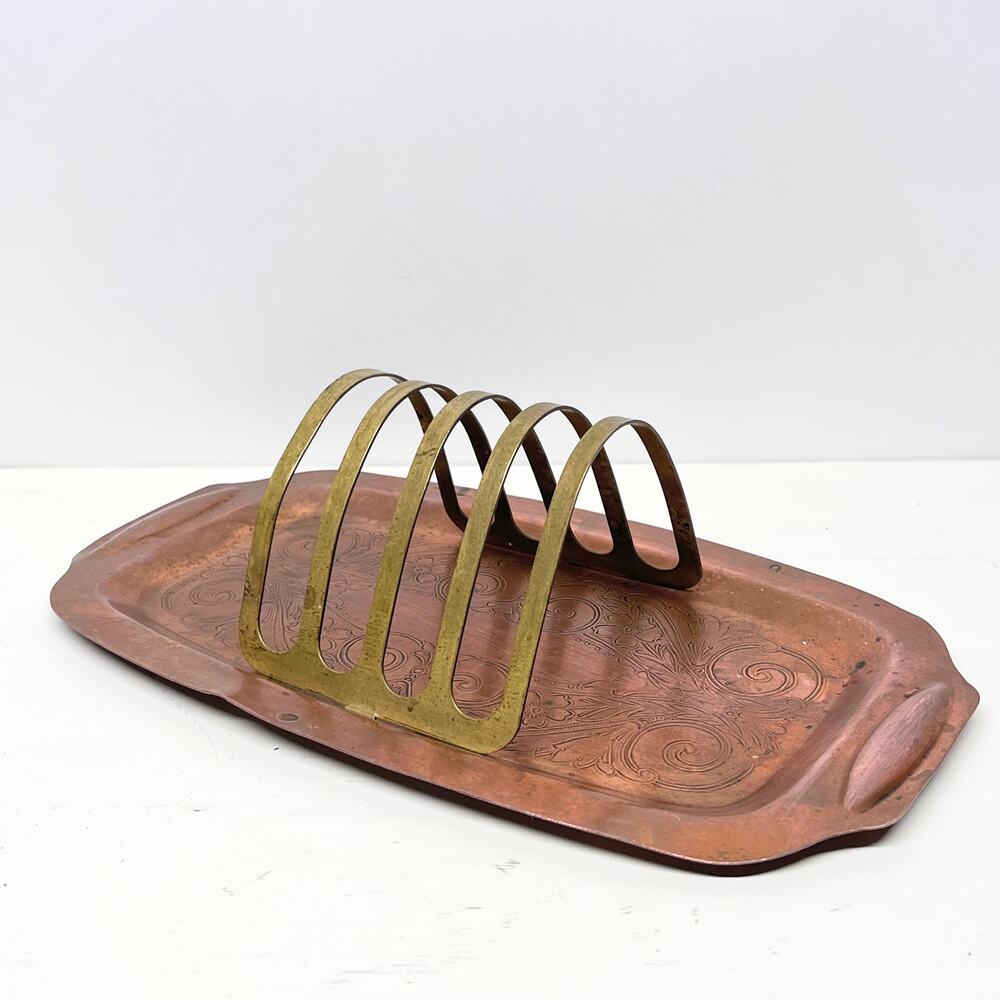 Vintage Copper Toast Rack Letter Holder with Brass Divider